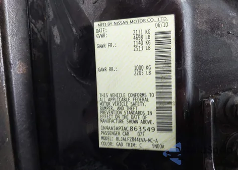 2010 Nissan Maxima S from USA, damaged, VIN 1N4AA5AP1AC863549